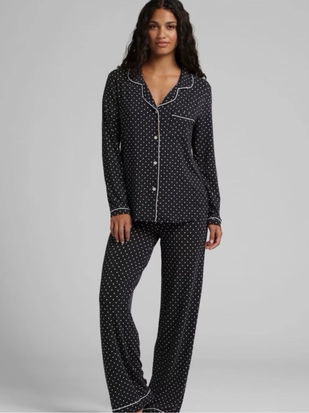 Polka Dot Long-Sleeve Pajama Set in Black with Contrast Piping